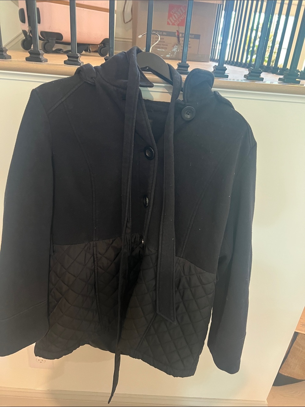 Jones New York Black Quilted‑Panel Hooded Jacket